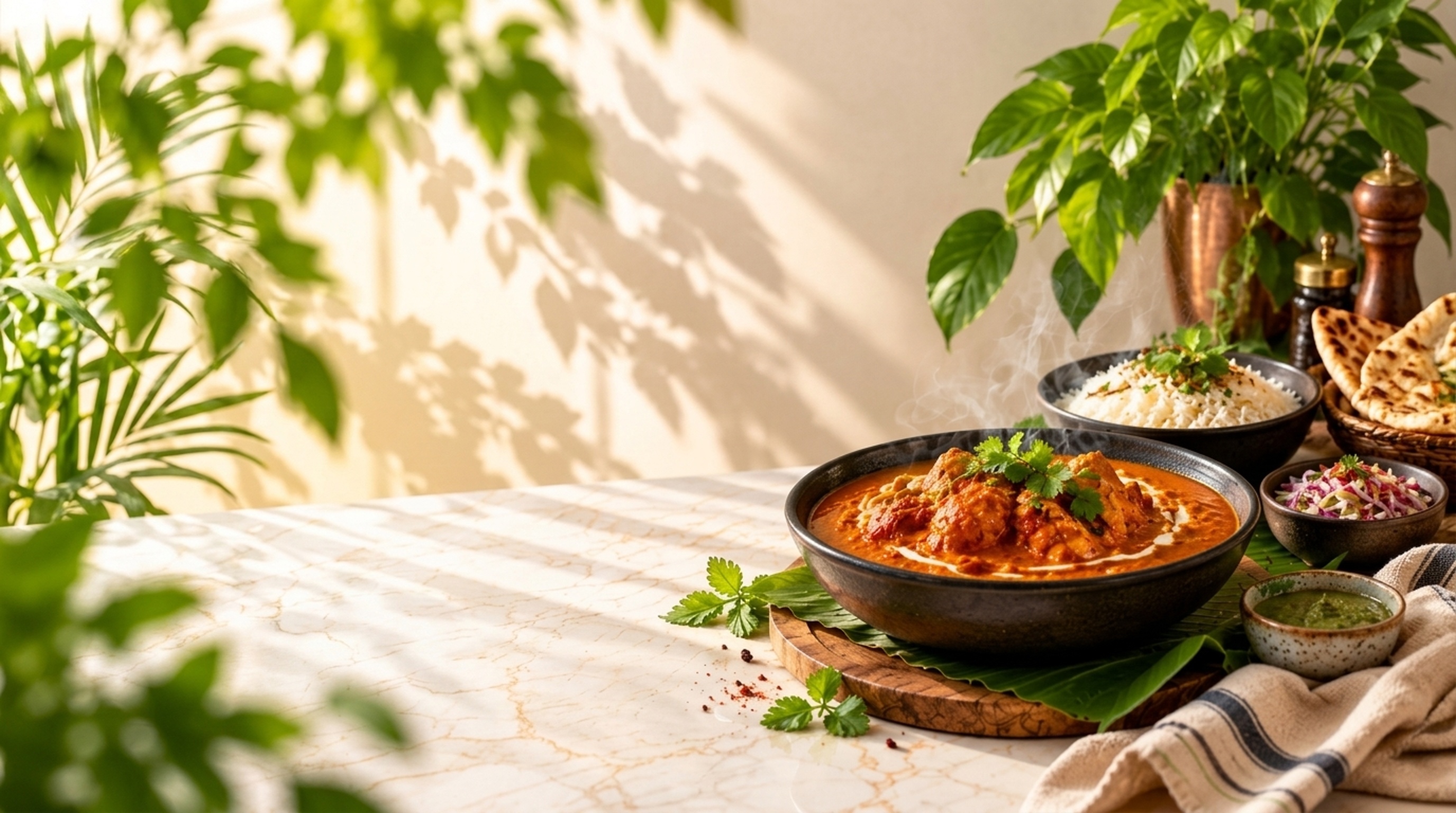 Steaming Indian Butter Chicken Feast with Fragrant Basmati Rice, Naan and Chutneys