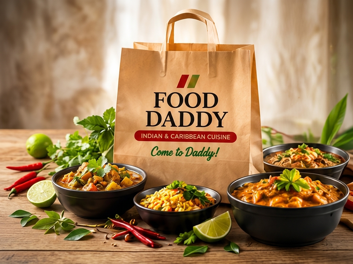 Food Daddy Takeout feast with branded bag and curries